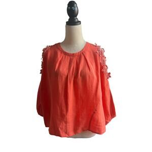 Anthropologie Eri + Ali  LINEN Jemima Cold Shoulder Floral‎ Coral 3/4 Sleeves M